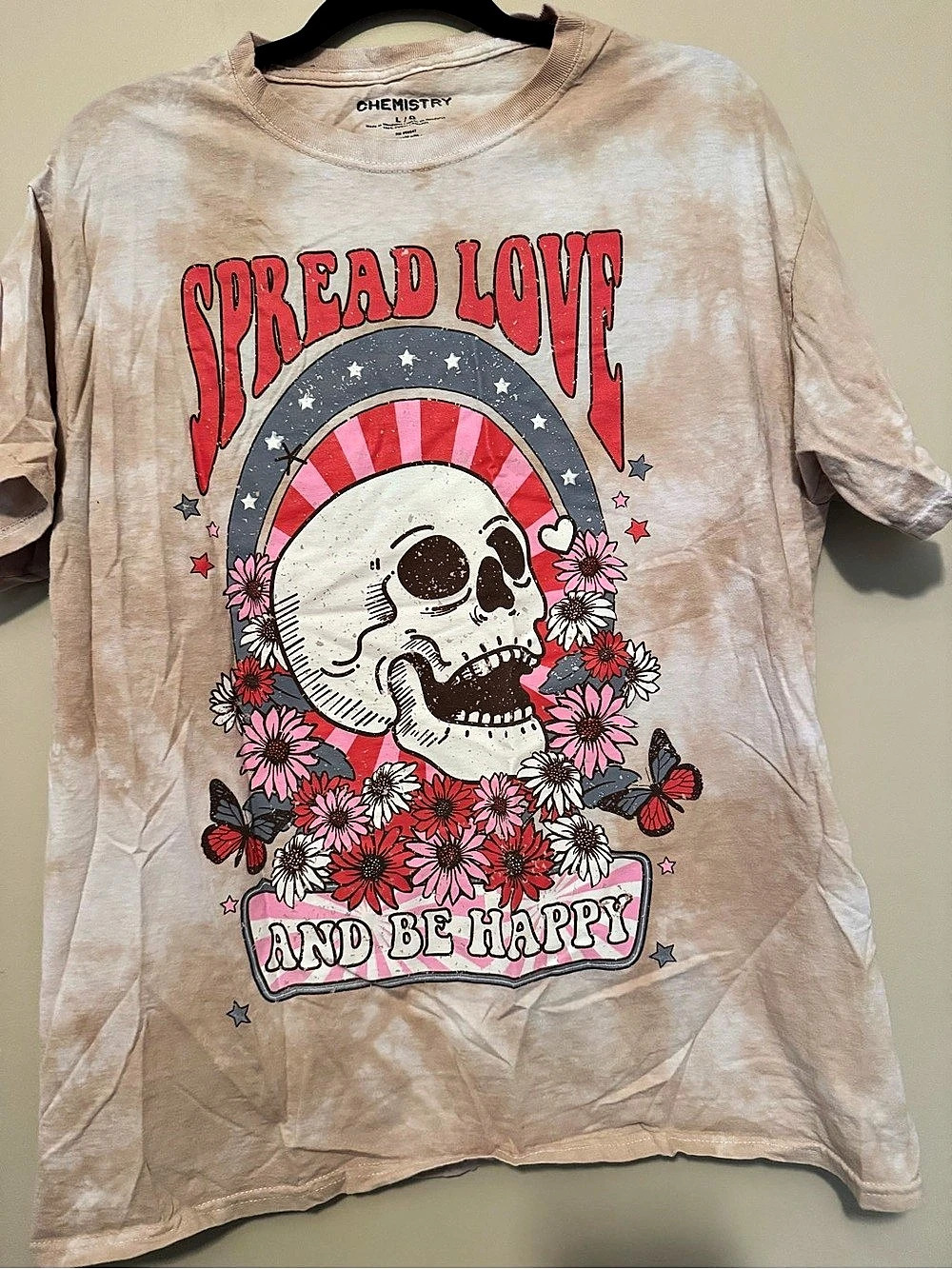 Chemistry Spread Love And Be Happy Skull Flower Tie Dye Graphic Tee Pink Large